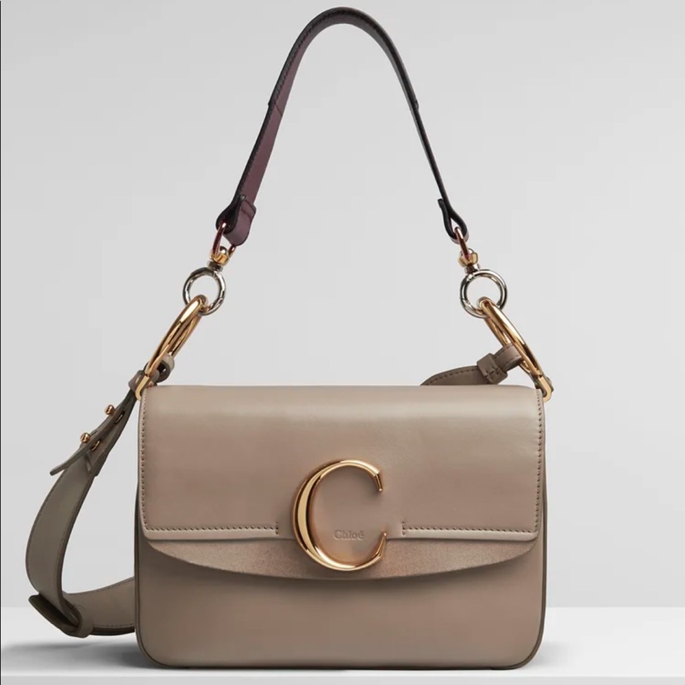 😍 Chloe “C” Small Motty Grey Leather & Suede Double Carry Crossbody Bag - Picture 2 of 12